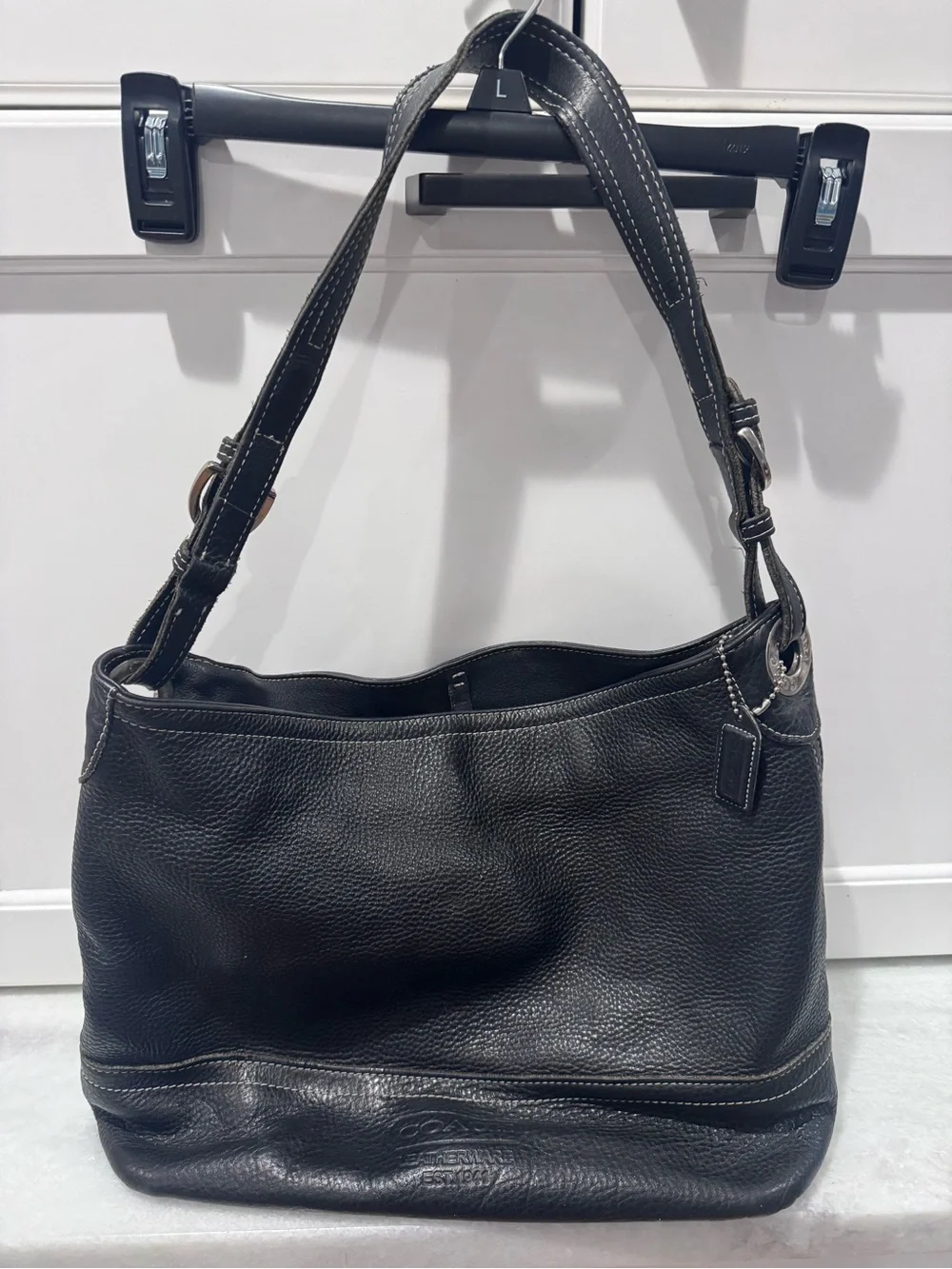 Black Leather Shoulder Bag with Contrast Stitching by Coach